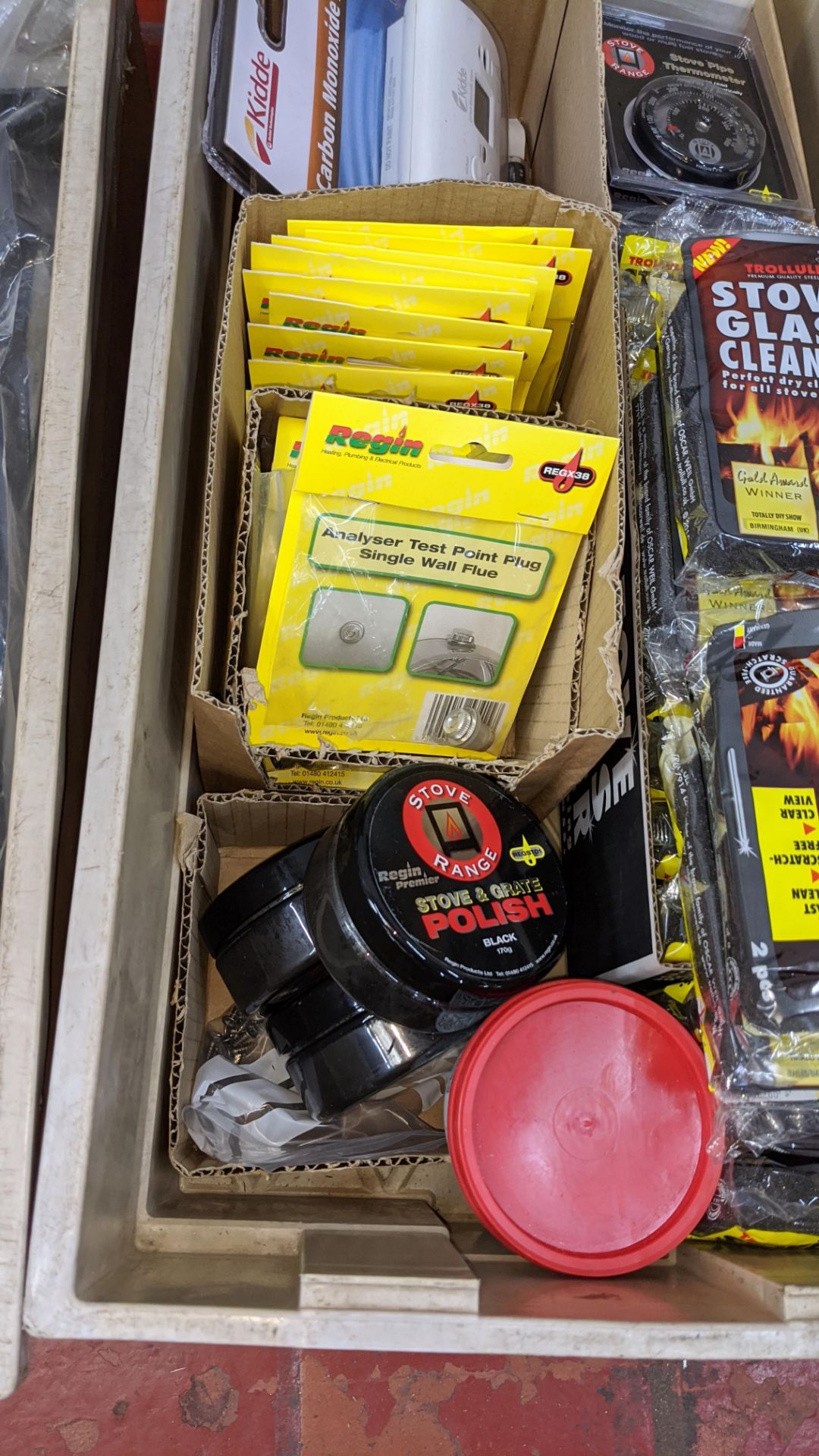 The contents of a crate of miscellaneous items including carbon monoxide alarm, stove polish, thermo - Image 4 of 5