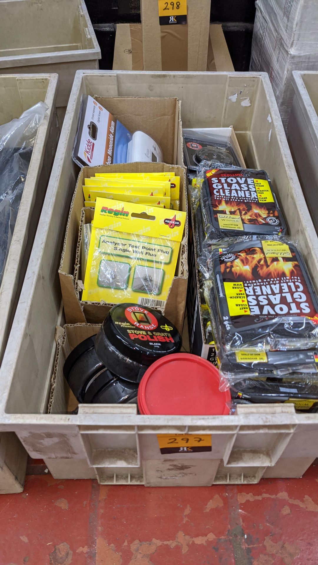 The contents of a crate of miscellaneous items including carbon monoxide alarm, stove polish, thermo - Image 2 of 5