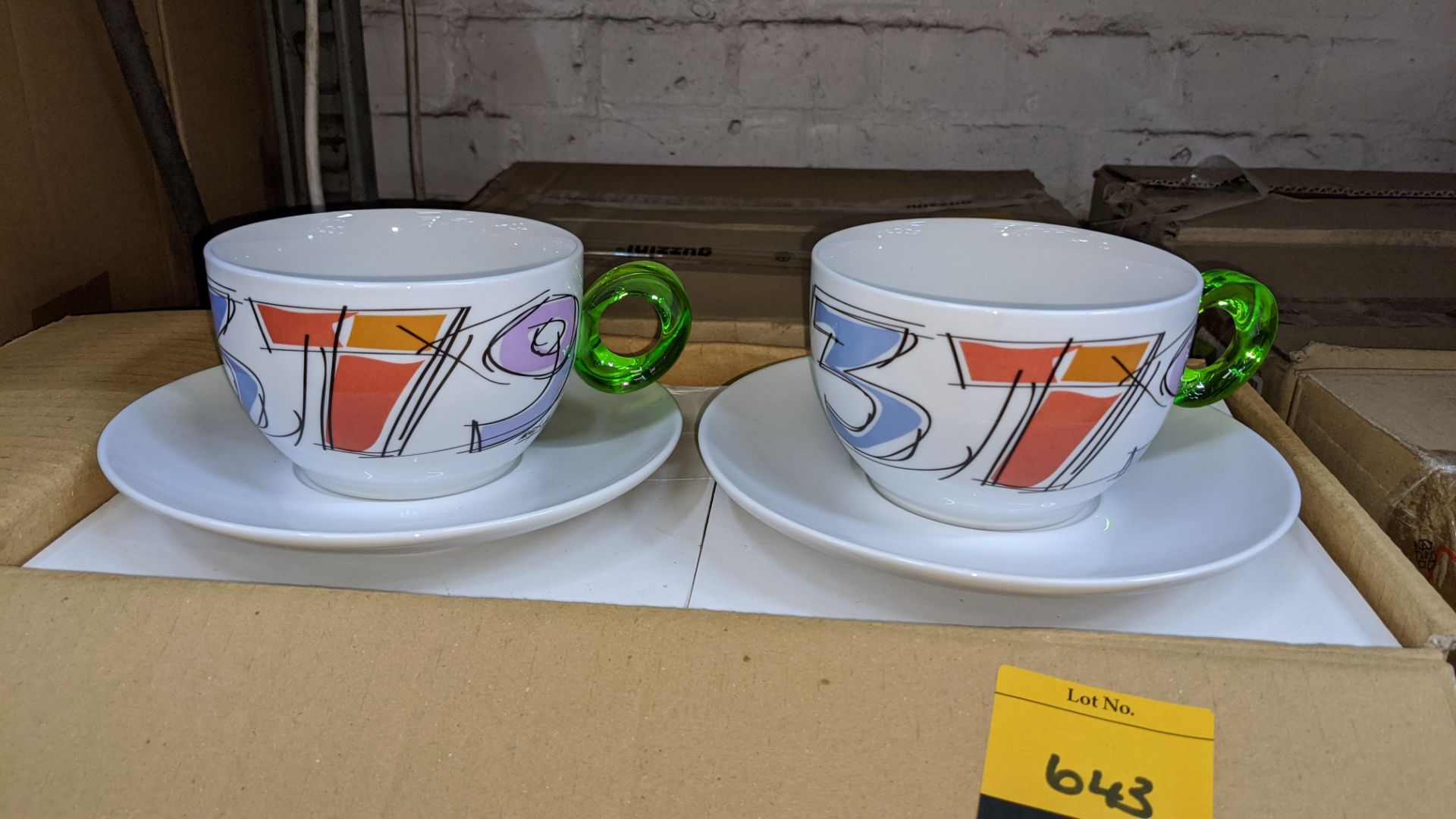 8 off Guzzini porcelain cups & saucers, with green clear handles, boxed in pairs, this lot consists - Image 4 of 5