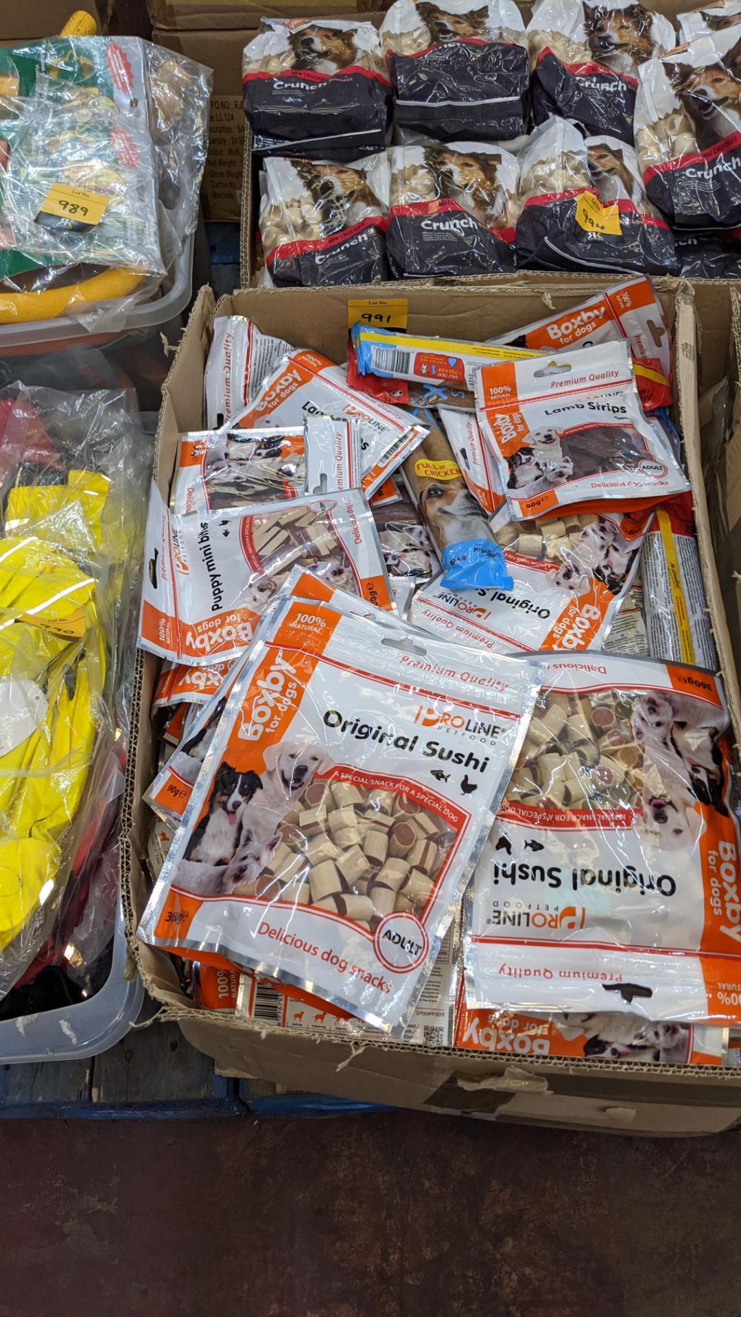 Large box of dog snacks including Proline original sushi - best before date has expired