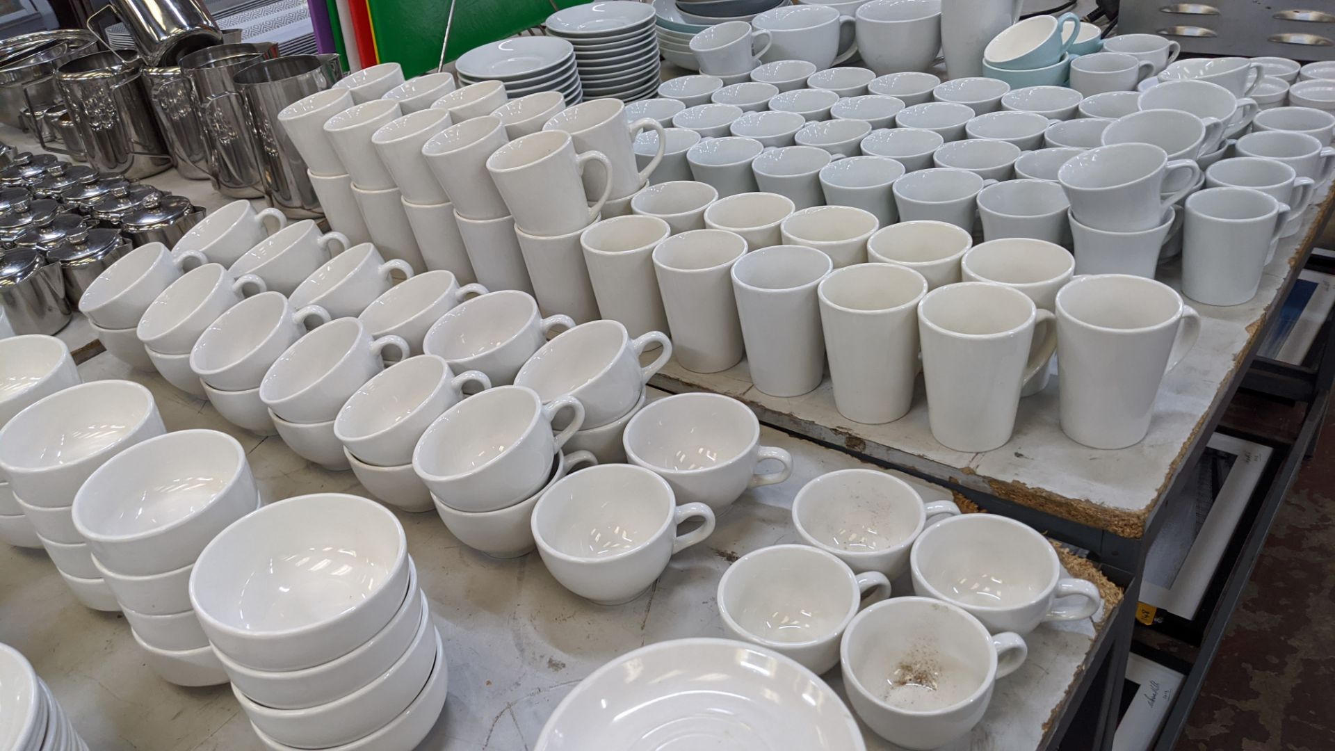 Large quantity of white crockery comprising oval & round plates plus saucers, bowls, cups, mugs & mo - Image 8 of 16