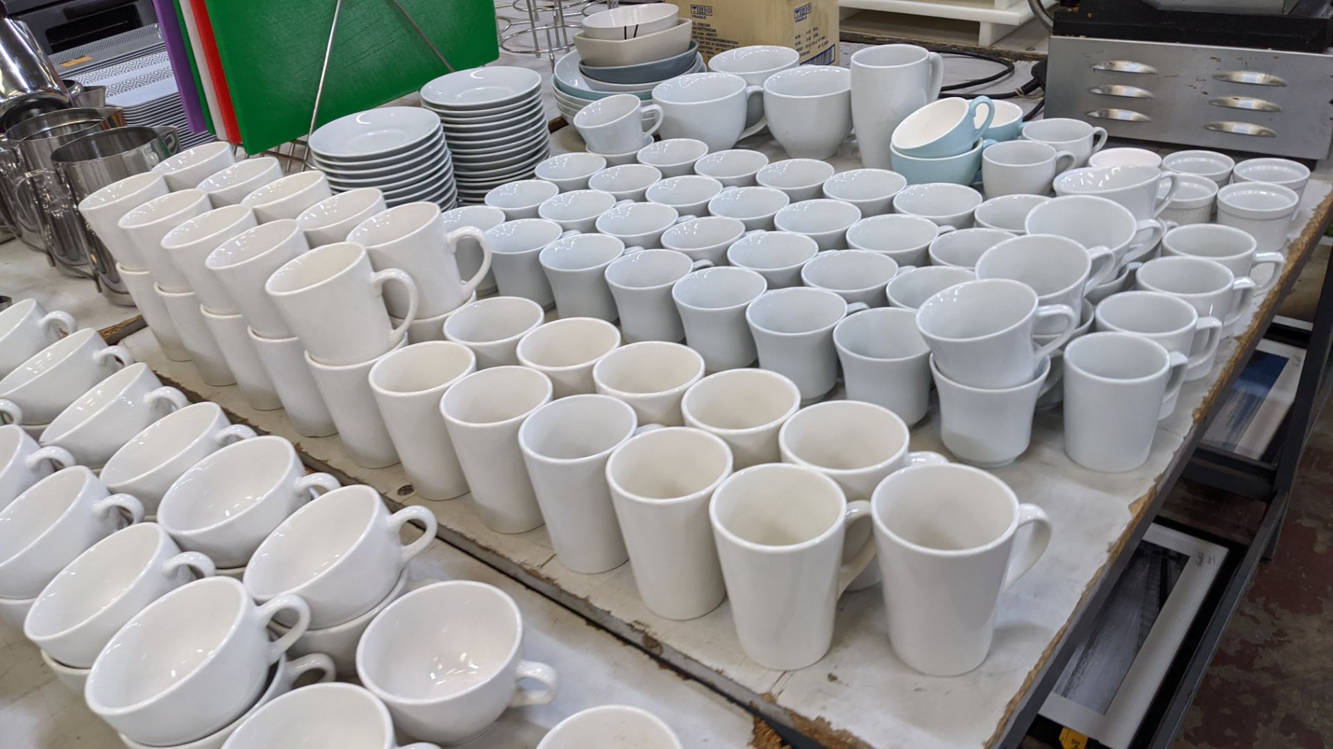 Large quantity of white crockery comprising oval & round plates plus saucers, bowls, cups, mugs & mo - Image 9 of 16