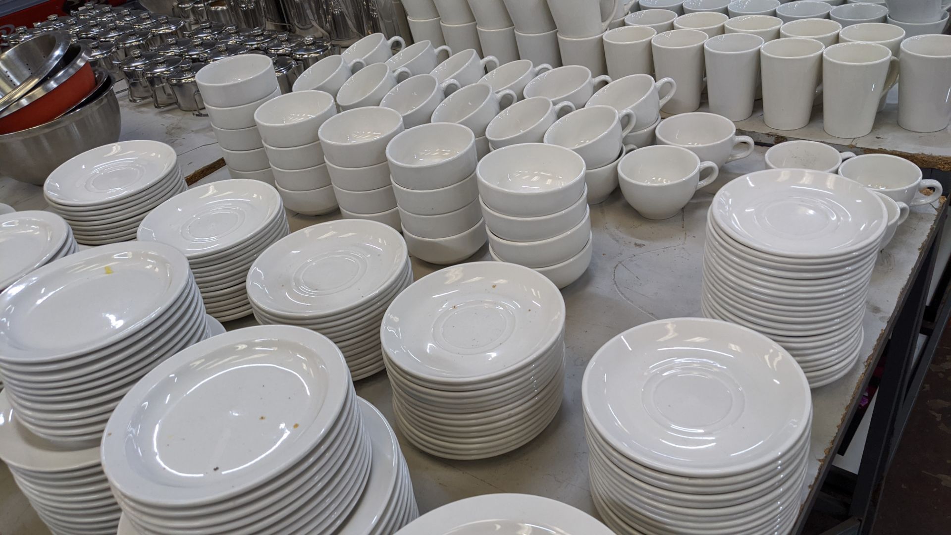 Large quantity of white crockery comprising oval & round plates plus saucers, bowls, cups, mugs & mo - Image 7 of 16