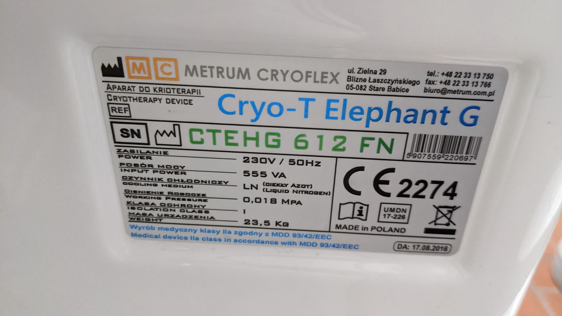 2017 Metrum Cryoflex Cryo-T Med 35 litre localised cryotherapy machine (model MC-CTD35) - Image 14 of 21