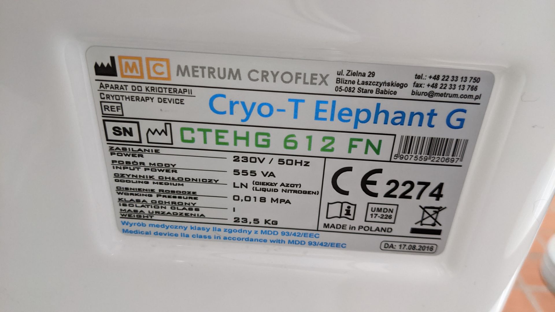 2017 Metrum Cryoflex Cryo-T Med 35 litre localised cryotherapy machine (model MC-CTD35) - Image 15 of 21