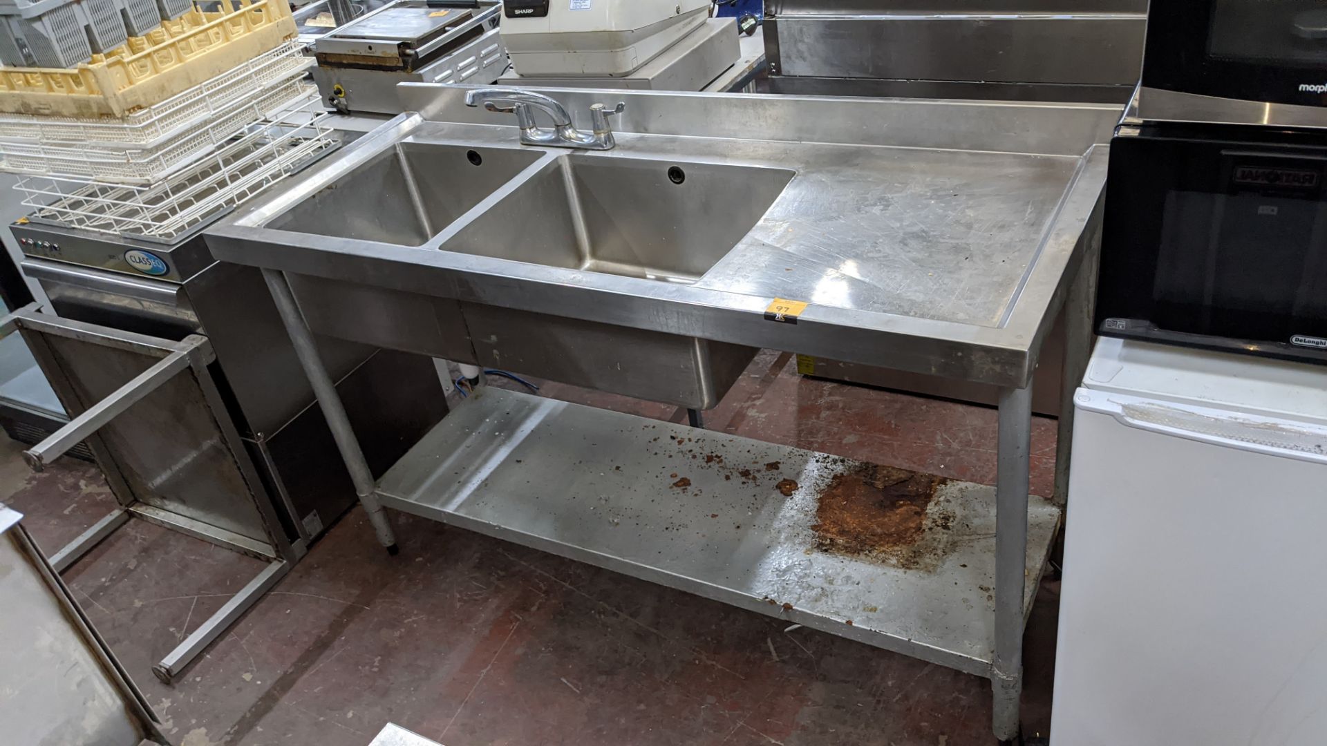 Floor standing stainless steel twin bowl sink incorporating drainer to the right & mixer taps