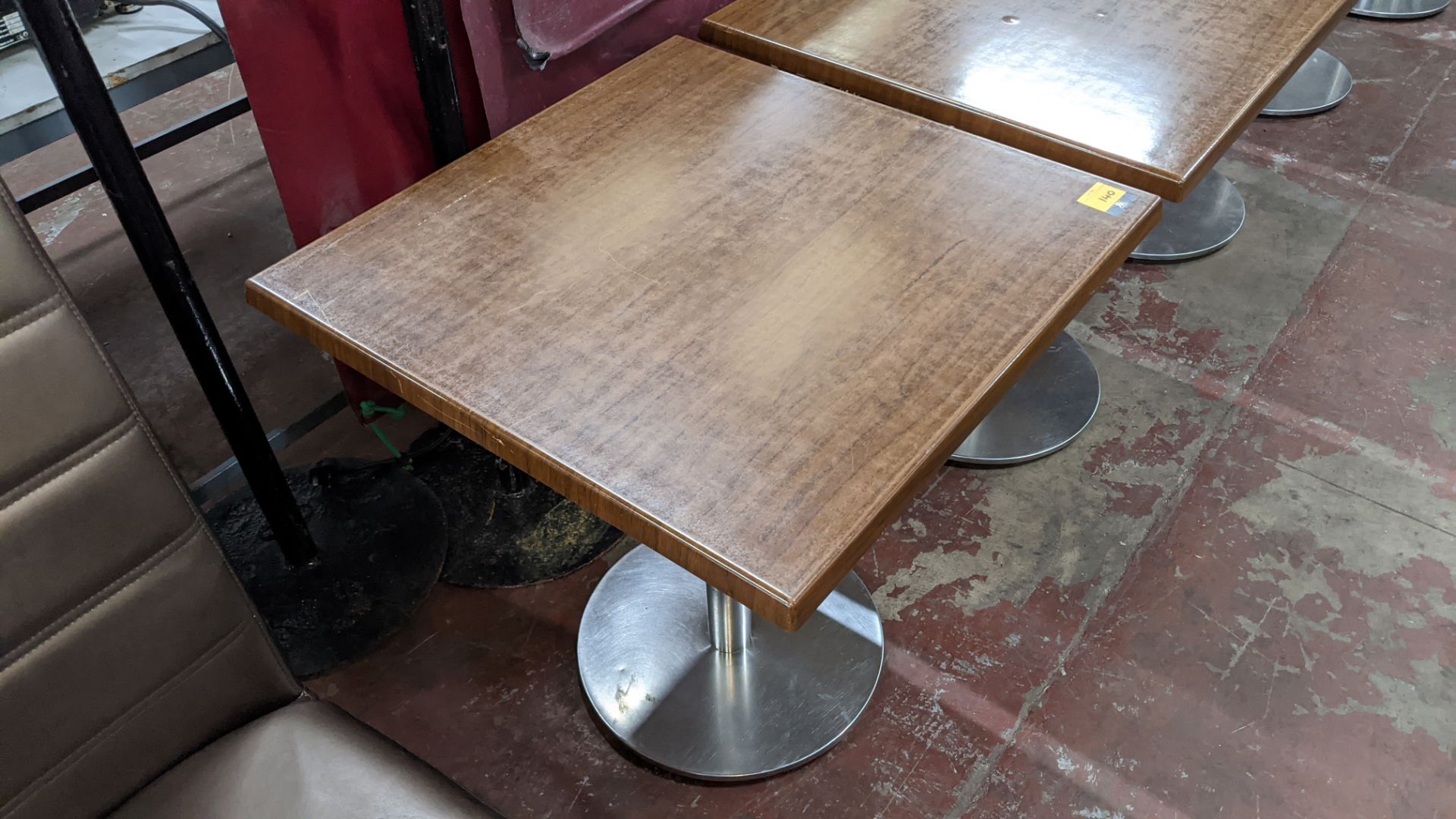 4 off square dining tables on metal single pedestal bases, the tops measuring approximately 700mm sq - Image 3 of 4