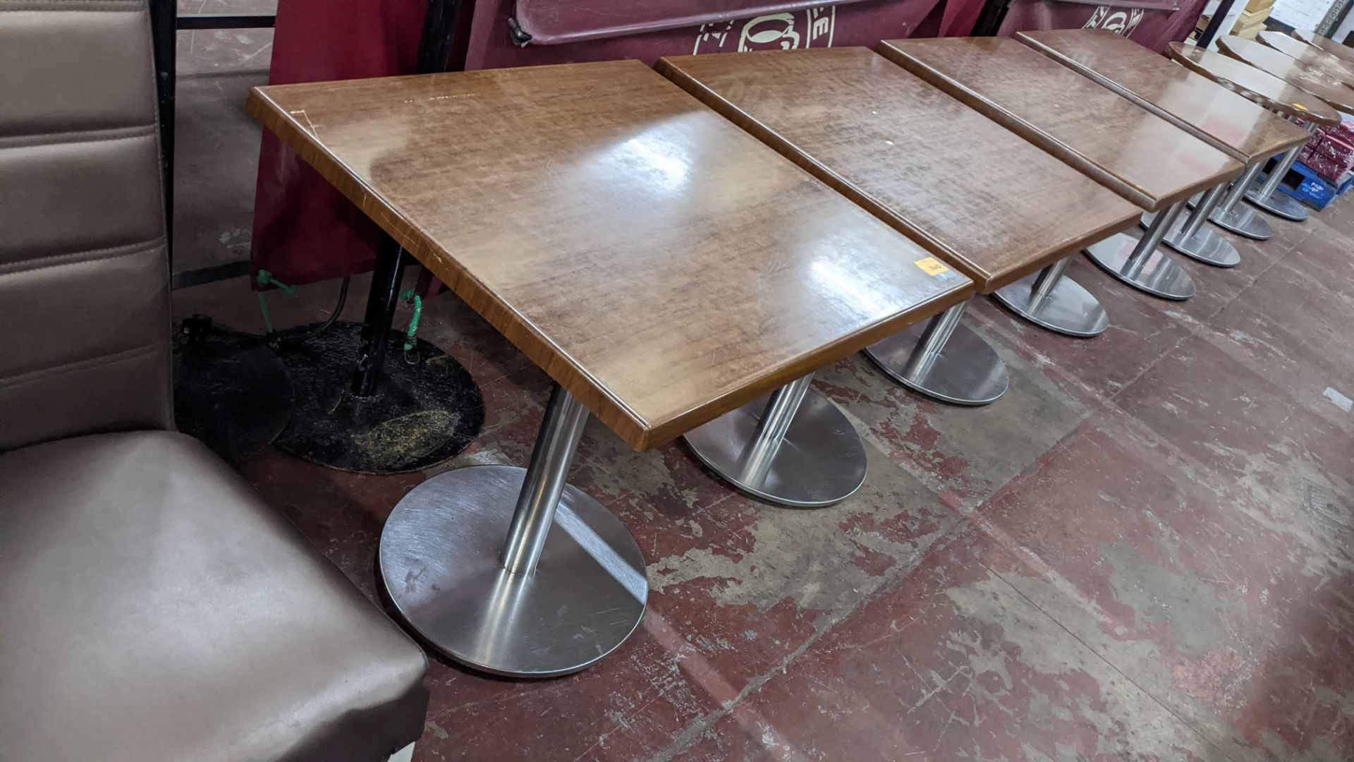 4 off square dining tables on metal single pedestal bases, the tops measuring approximately 700mm sq - Image 2 of 4