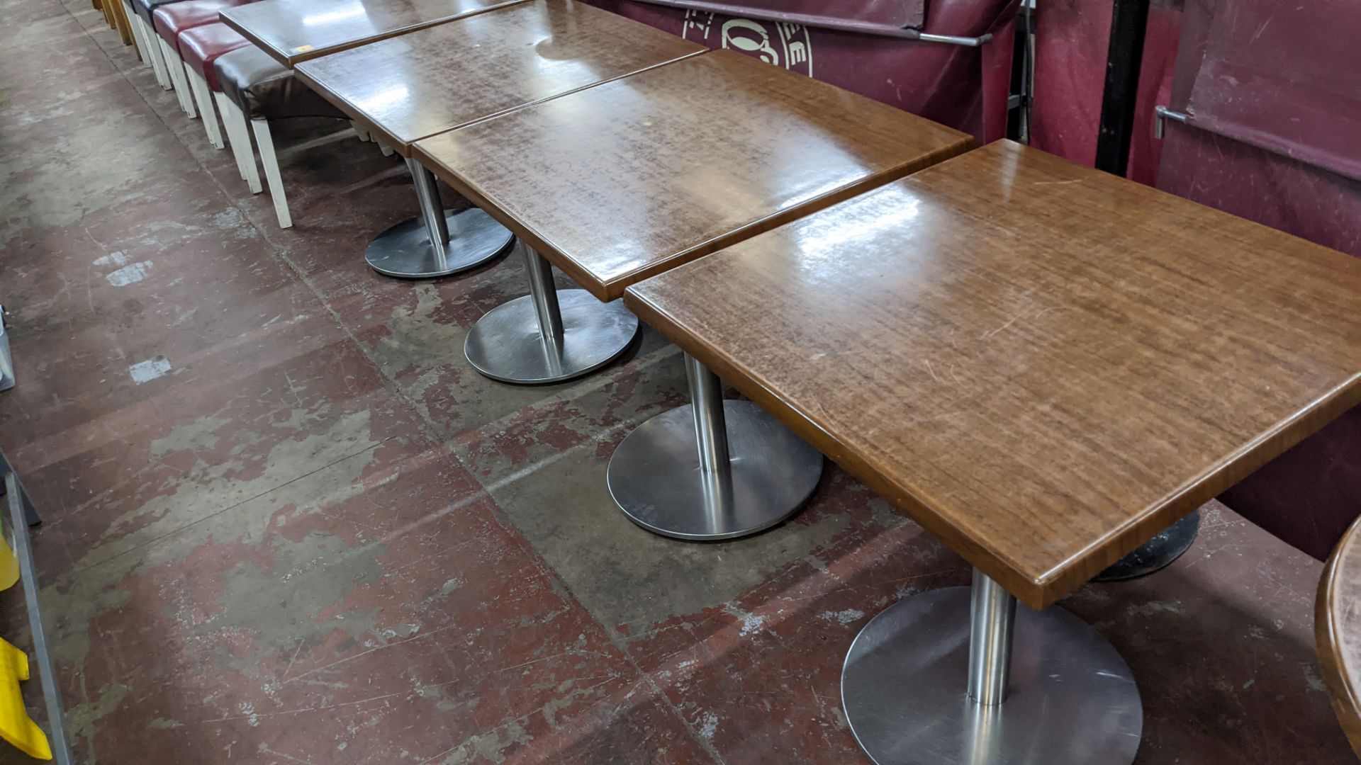 4 off square dining tables on metal single pedestal bases, the tops measuring approximately 700mm sq - Image 4 of 4