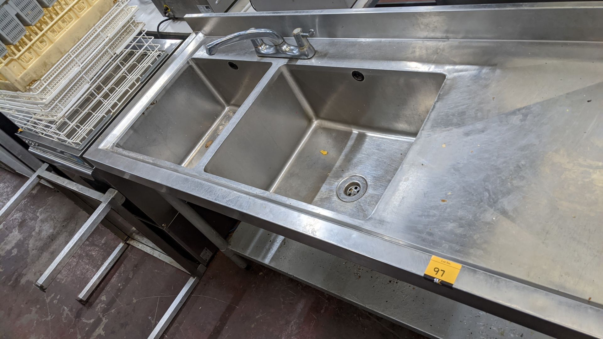 Floor standing stainless steel twin bowl sink incorporating drainer to the right & mixer taps - Image 3 of 5
