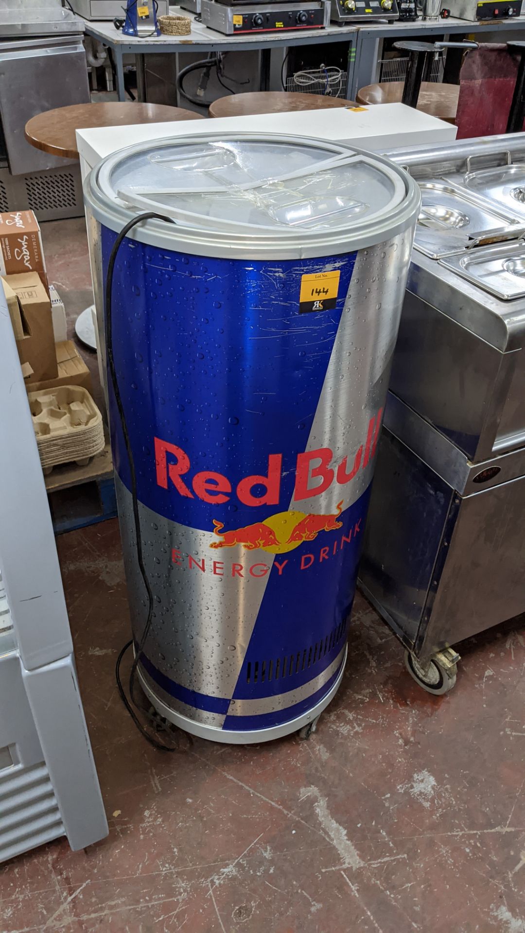 Red Bull branded mobile barrel fridge