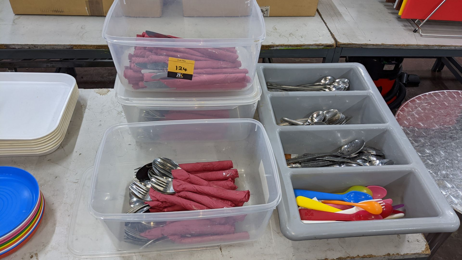 Quantity of cutlery comprising 3 tubs plus one cutlery dispenser & their contents