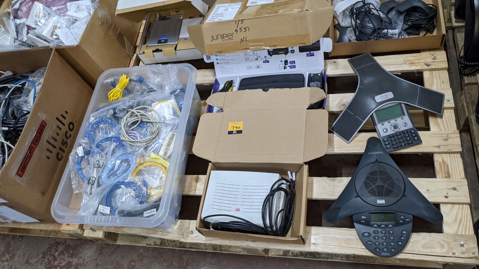 Contents of a pallet of assorted communications items including conference phones, cables, routers & - Image 9 of 9