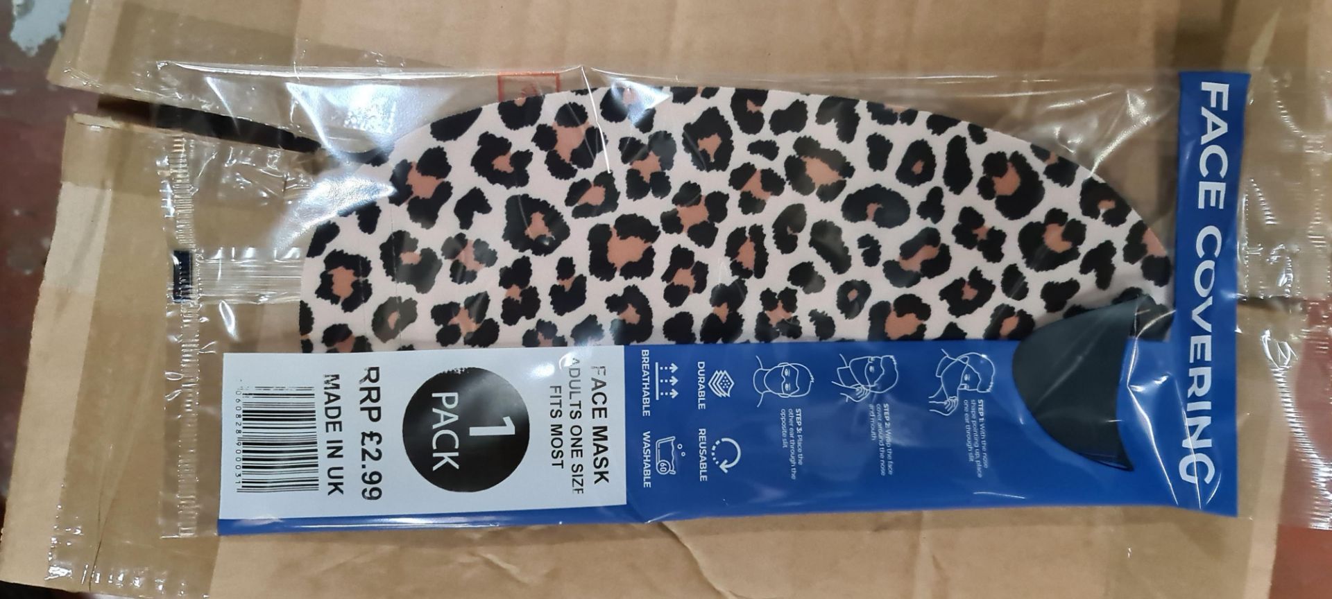 100 off adult face masks, individually packaged, in leopard print