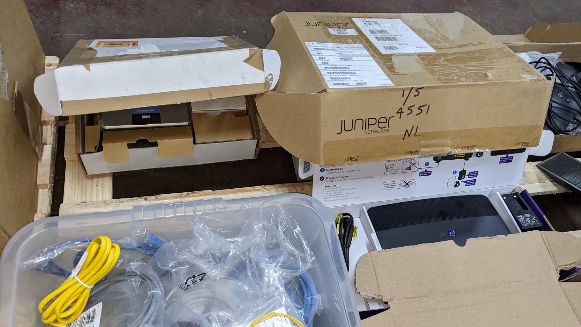 Contents of a pallet of assorted communications items including conference phones, cables, routers & - Image 4 of 9