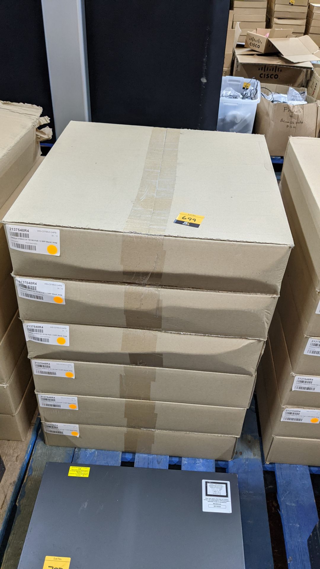 6 off Cisco 3750 V2 managed switches - we assume these are refurbished as each unit is wrapped in pl