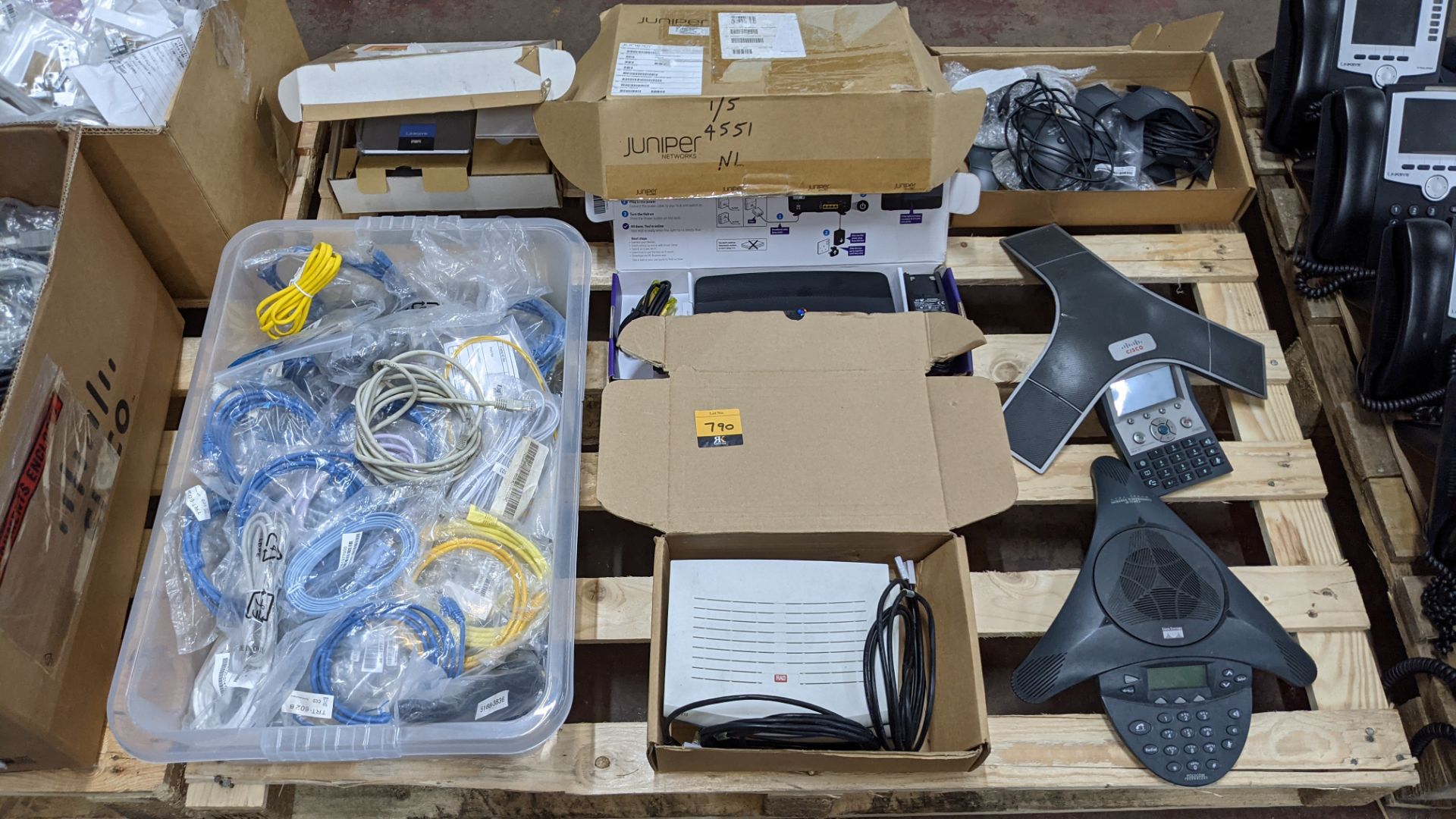 Contents of a pallet of assorted communications items including conference phones, cables, routers & - Image 2 of 9