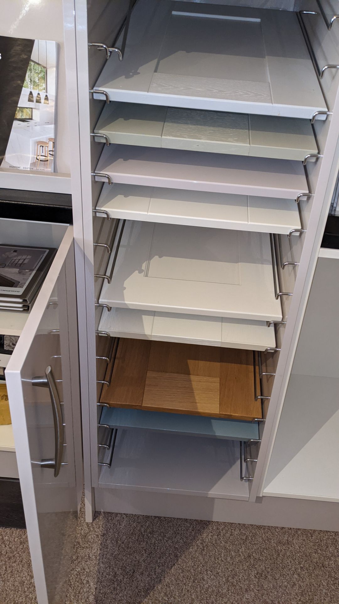 Large display unit in pale grey laminate including contents of assorted samples. This cupboard arran - Image 17 of 19