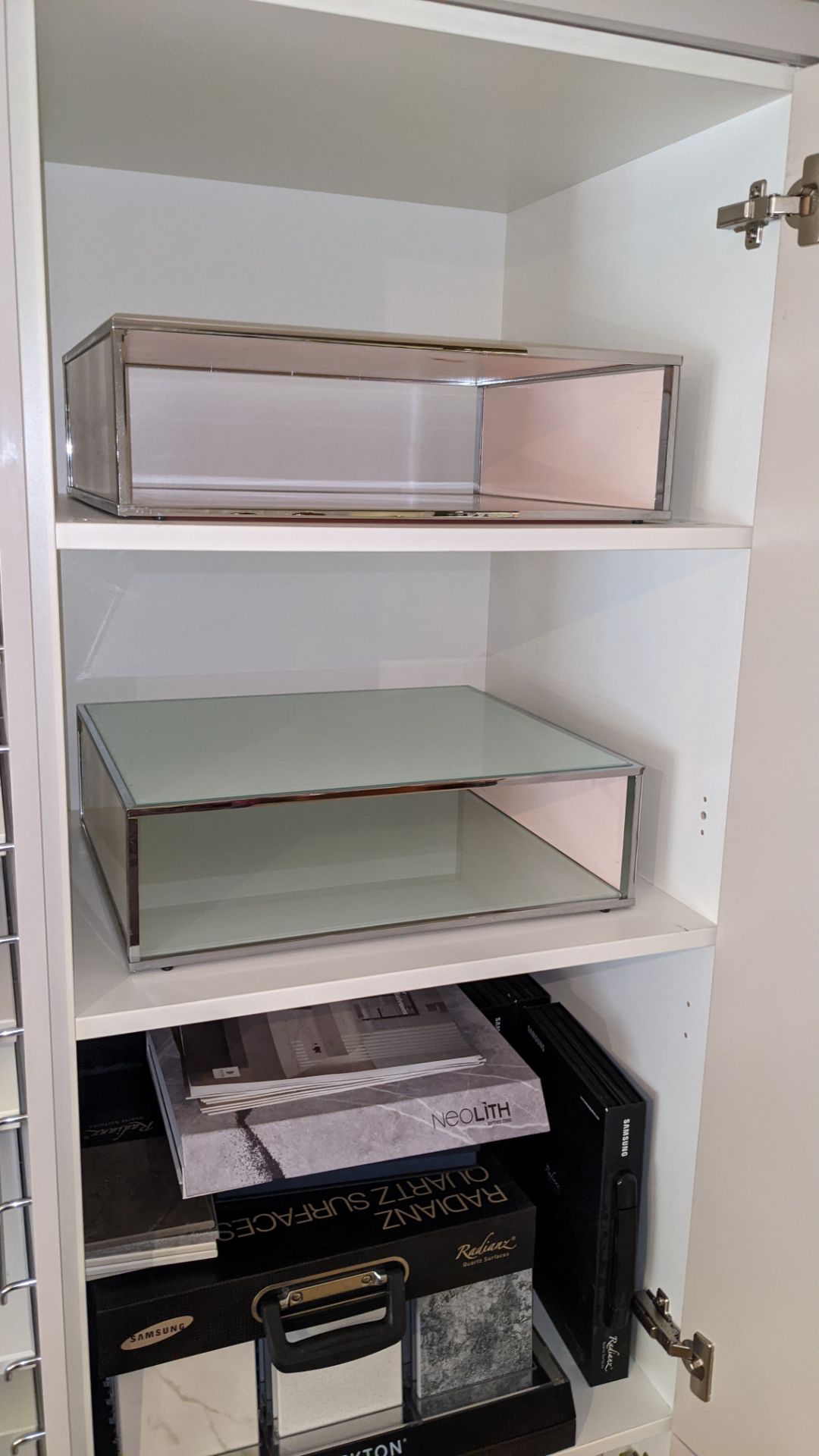 Large display unit in pale grey laminate including contents of assorted samples. This cupboard arran - Image 18 of 19