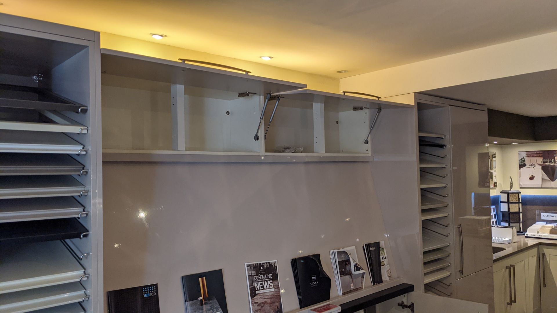 Large display unit in pale grey laminate including contents of assorted samples. This cupboard arran - Image 10 of 19