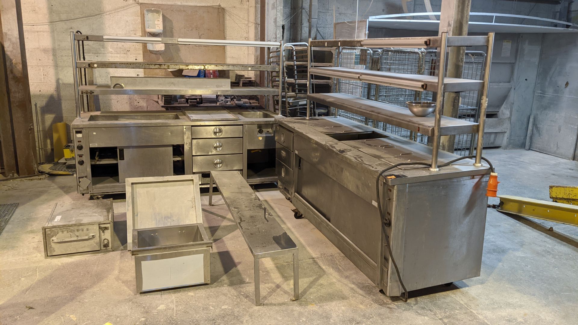 Quantity of commercial catering equipment comprising 2 off large counters, tray trolley, shelving & - Image 2 of 17