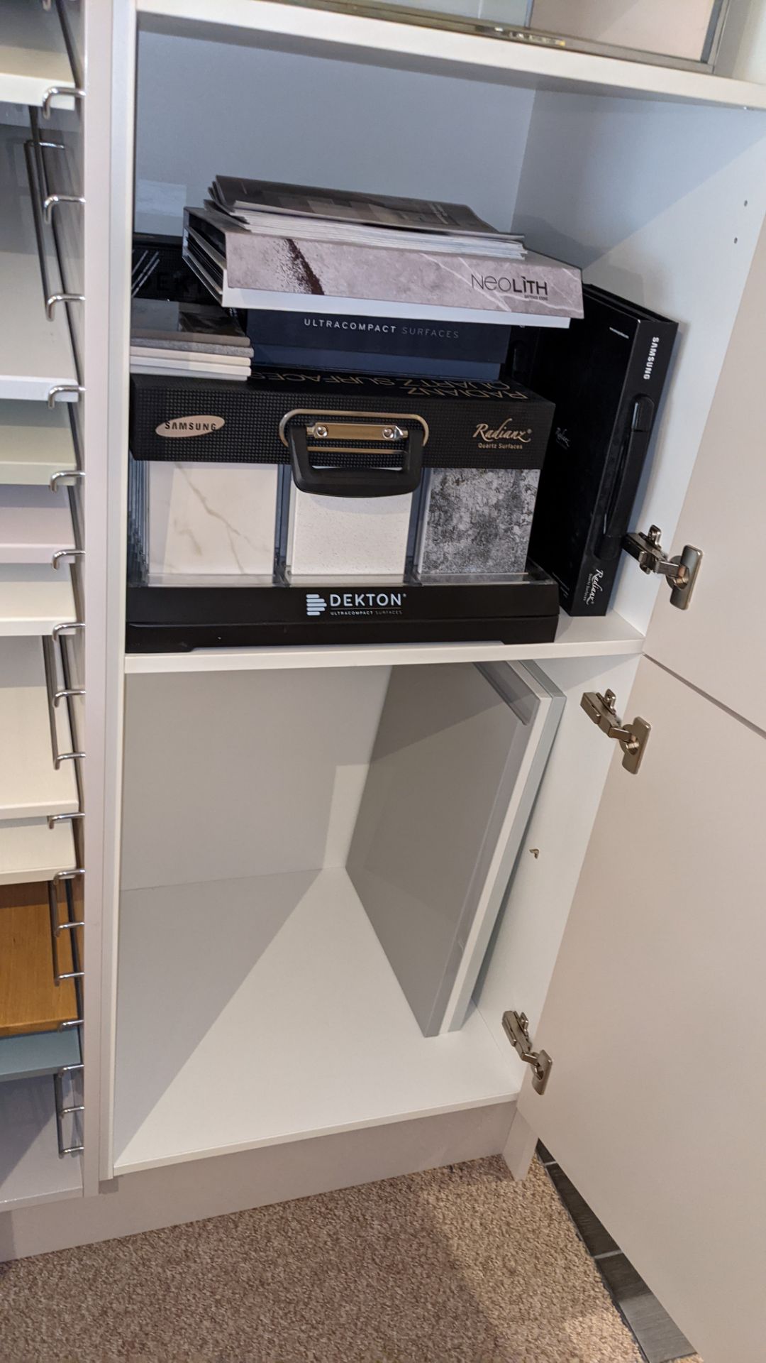 Large display unit in pale grey laminate including contents of assorted samples. This cupboard arran - Image 19 of 19