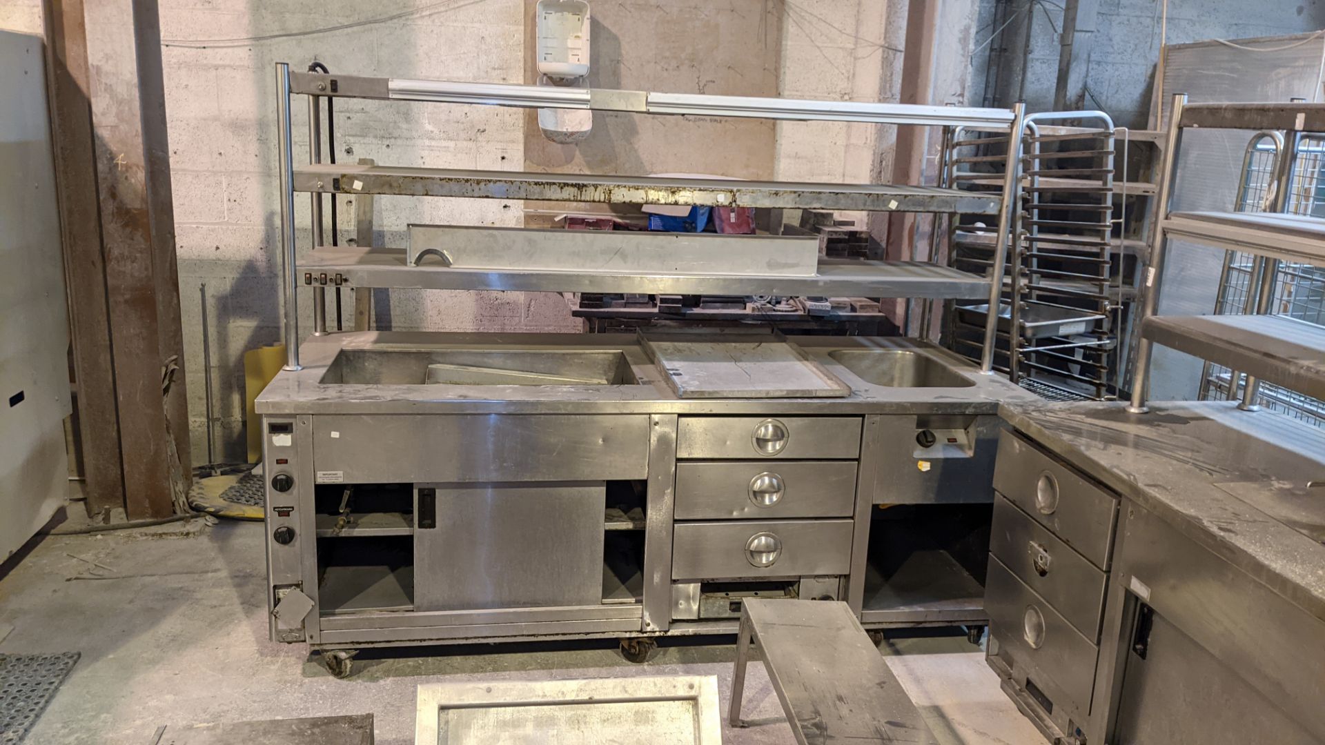 Quantity of commercial catering equipment comprising 2 off large counters, tray trolley, shelving & - Image 4 of 17