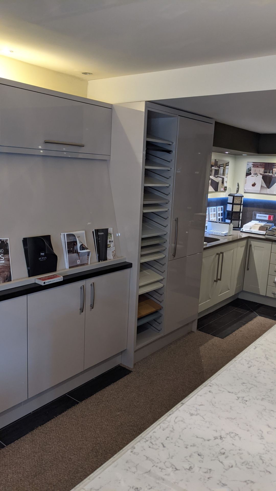 Large display unit in pale grey laminate including contents of assorted samples. This cupboard arran - Image 5 of 19