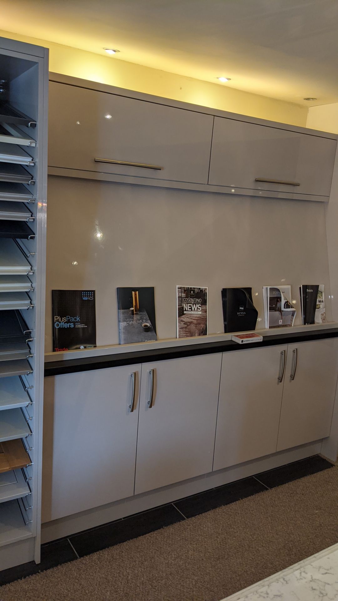 Large display unit in pale grey laminate including contents of assorted samples. This cupboard arran - Image 4 of 19