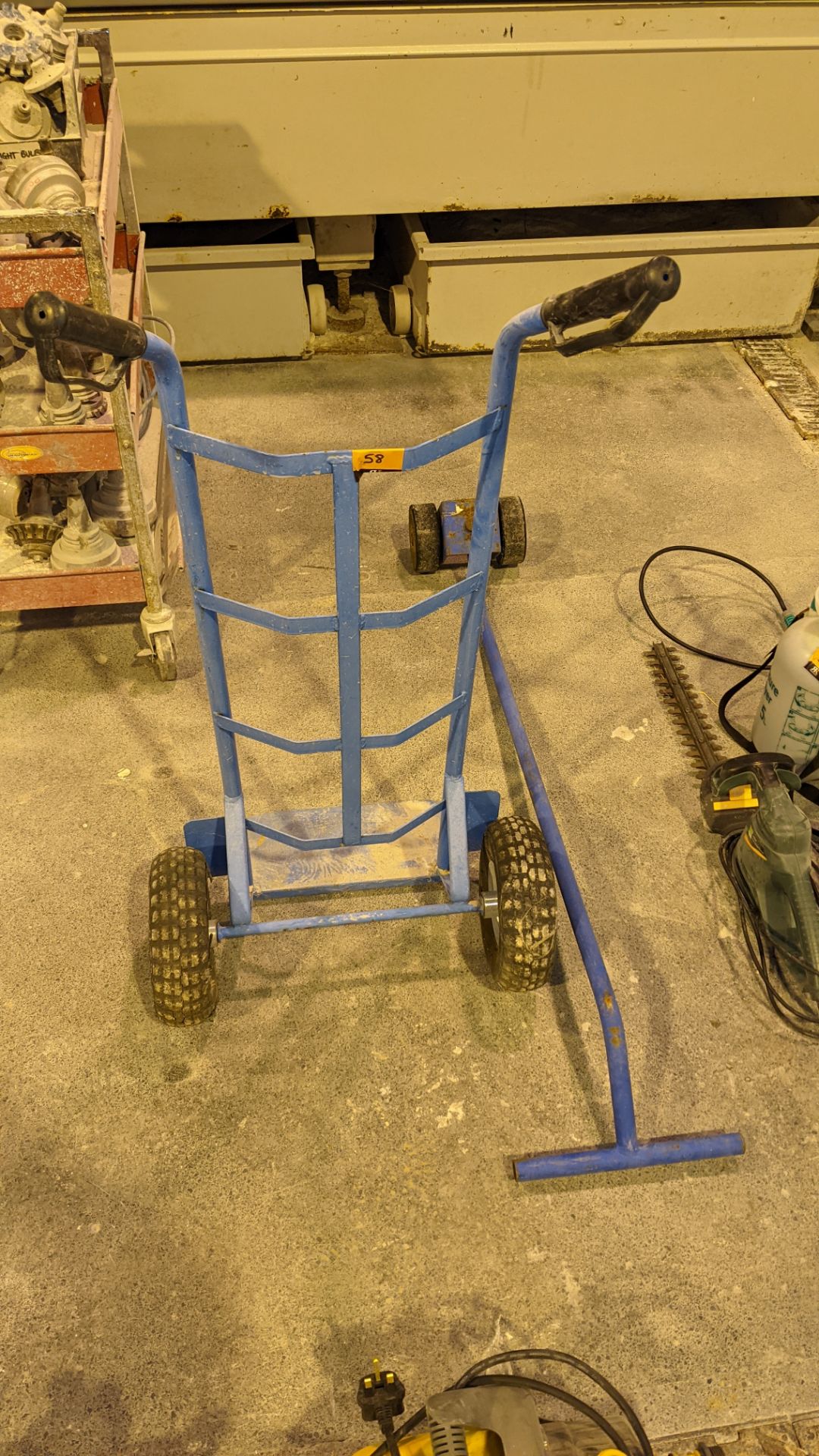 2 off blue metal trolleys comprising sack truck & long handled towing implement