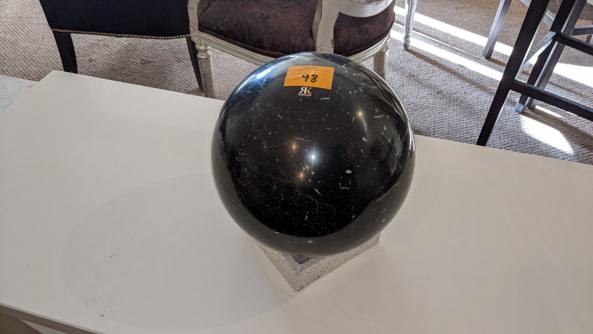 Granite spherical ball on square base. Diameter of ball/sphere very approx. 240mm