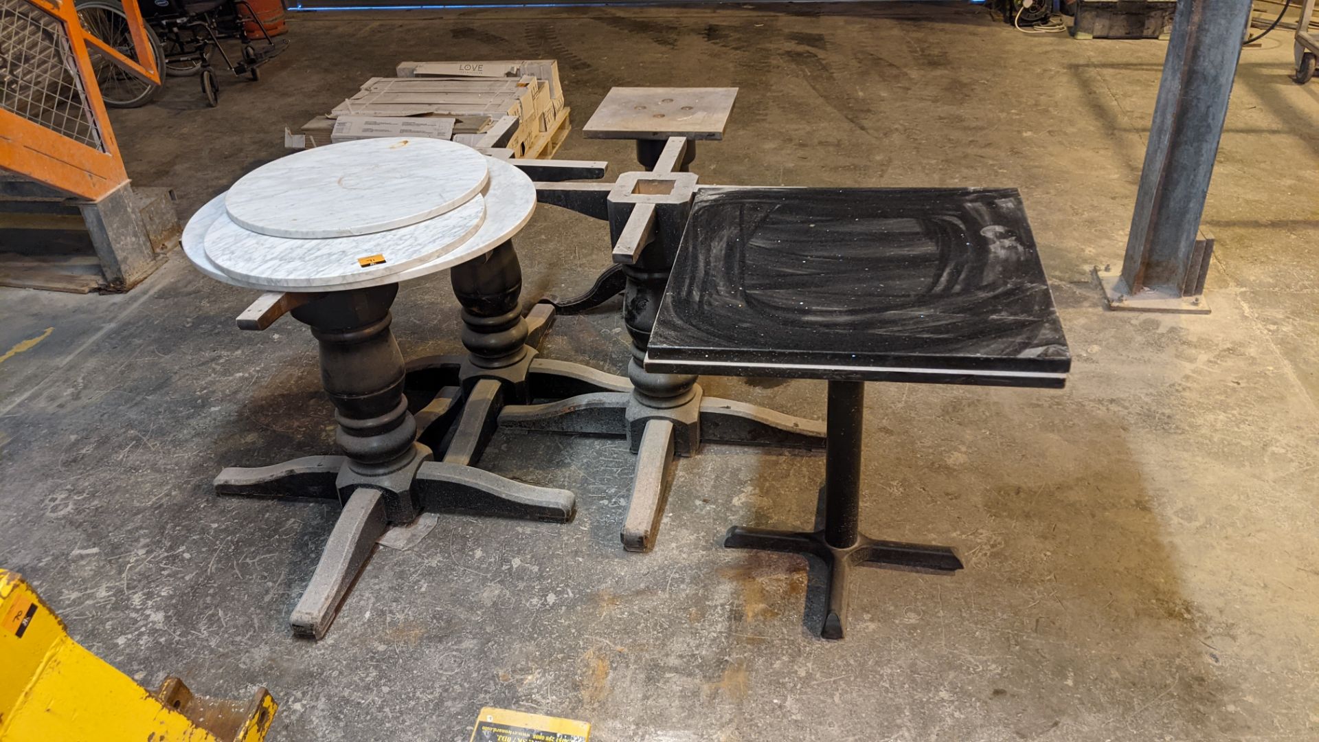 5 off assorted circular & square granite/quartz/marble table tops plus 4 off heavy-duty wooden turnt