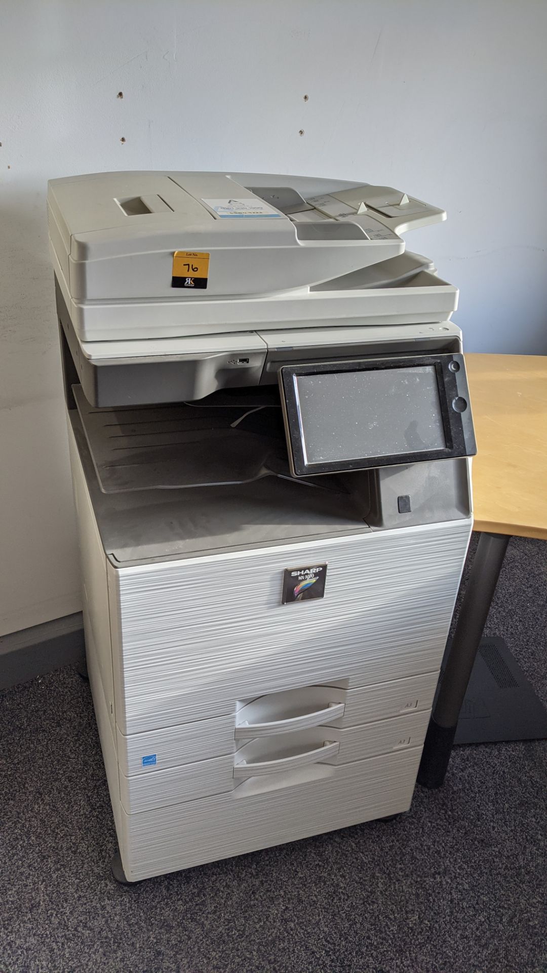 Sharp MX3070 floor standing copier with multi paper bins, touchscreen control, ADF, etc.
