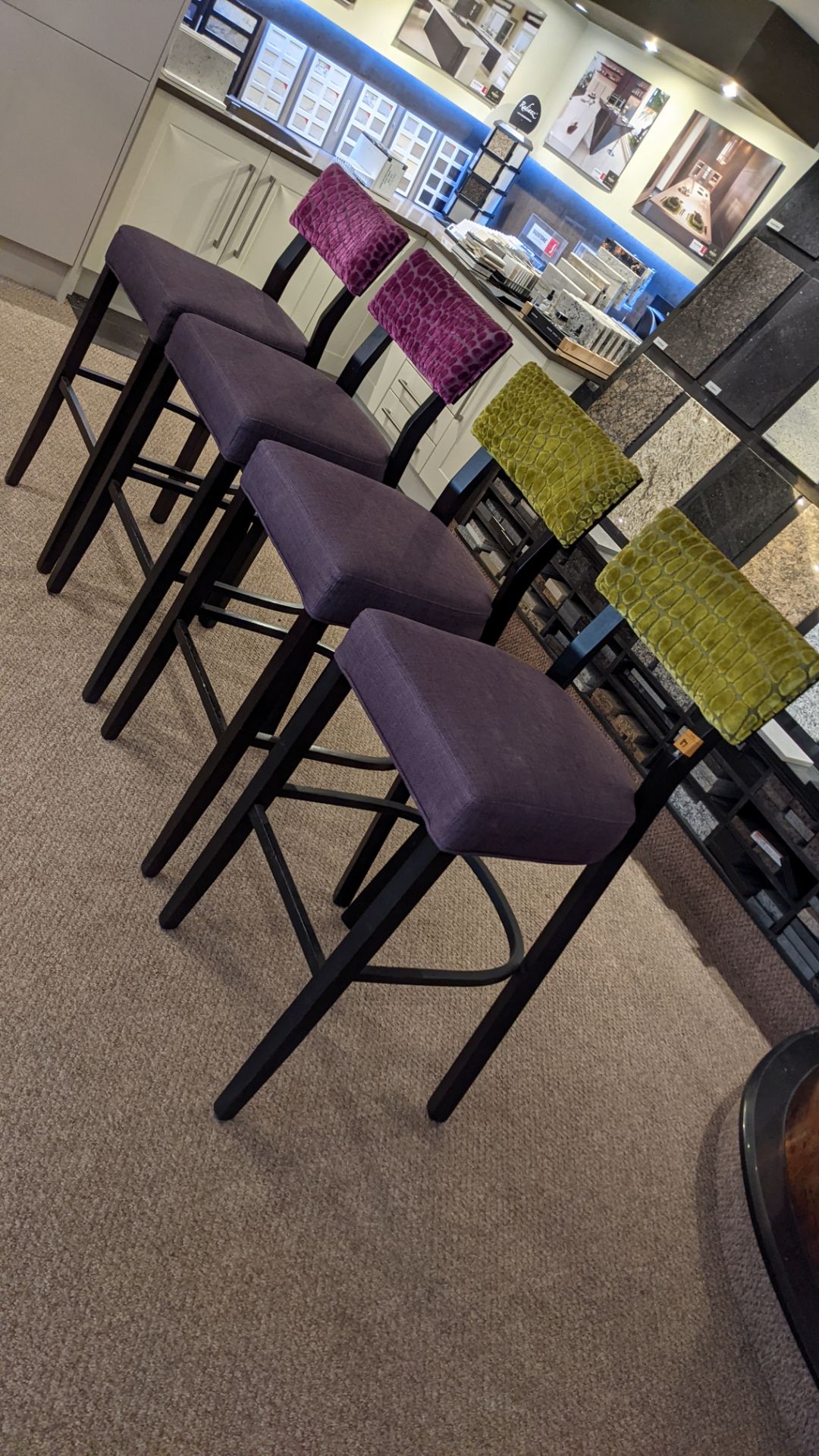 4 matching barstools in 2 different upholstered fabrics