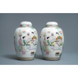 A pair of fine Chinese famille rose 'ladies' vases, 19/20th C.