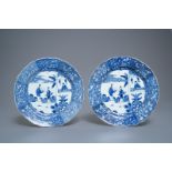 A pair of Chinese blue and white 'Romance of the Western chamber' chargers, Qianlong