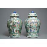 (NO ONLINE BIDDING) A pair of large Chinese famille verte vases and covers, Kangxi