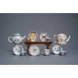 Five Chinese famille rose cups and saucers and two 'Mandarin' teapots, Yongzheng/Qianlong