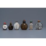 Six Chinese needle quartz and agate snuff bottles, 19/20th C.