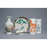 Four Chinese famille rose and qianjiang cai vases and a dish, 19/20th C.
