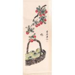 Chinese school, ink and watercolour on paper, 20th C.: 'Lychees and a fruit basket'