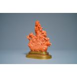 A Japanese carved red coral group of the seven lucky gods on a phoenix boat, Meiji, 19th C.