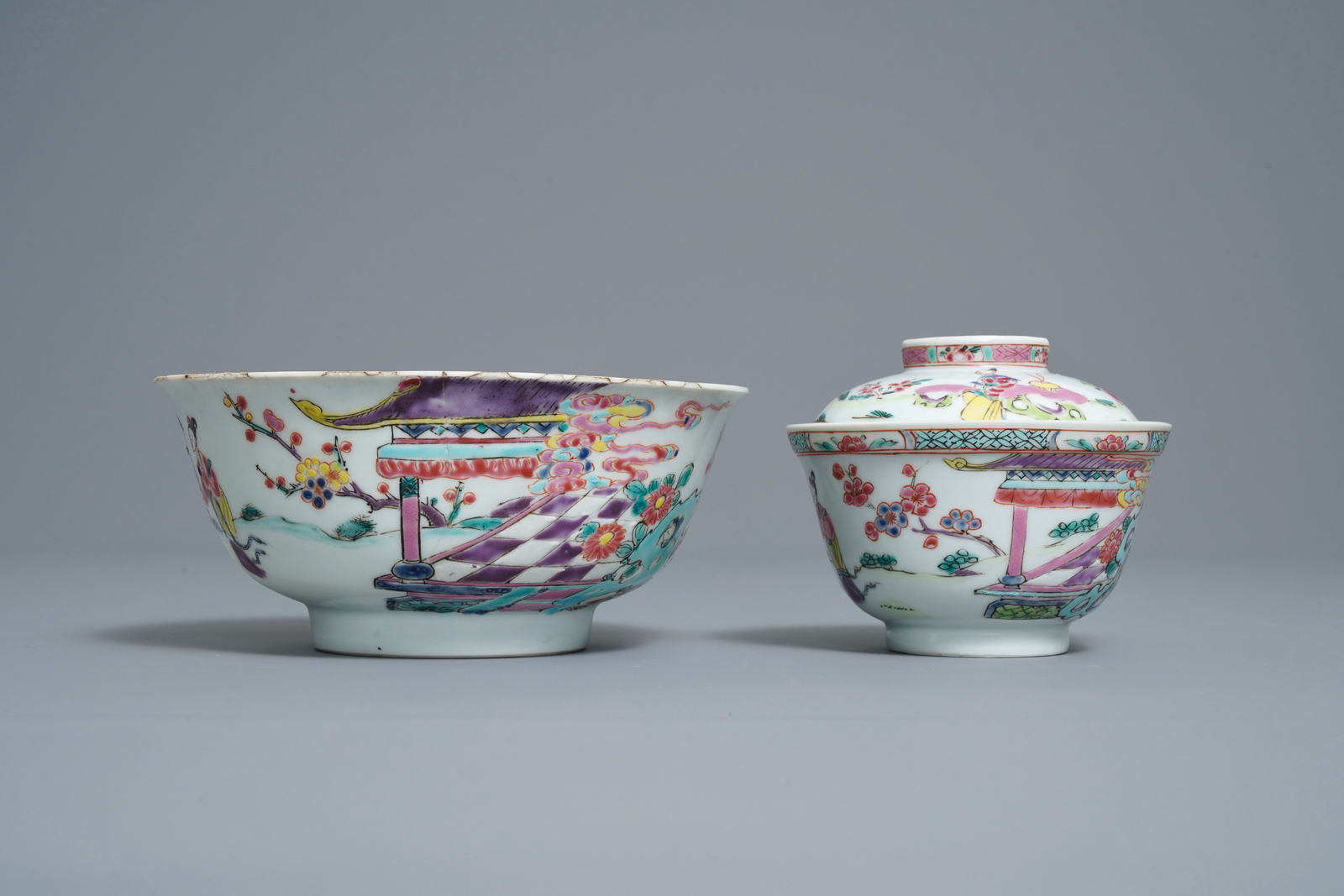 Two Chinese famille rose bowls and a plate, Yongzheng mark and of the period - Image 7 of 9