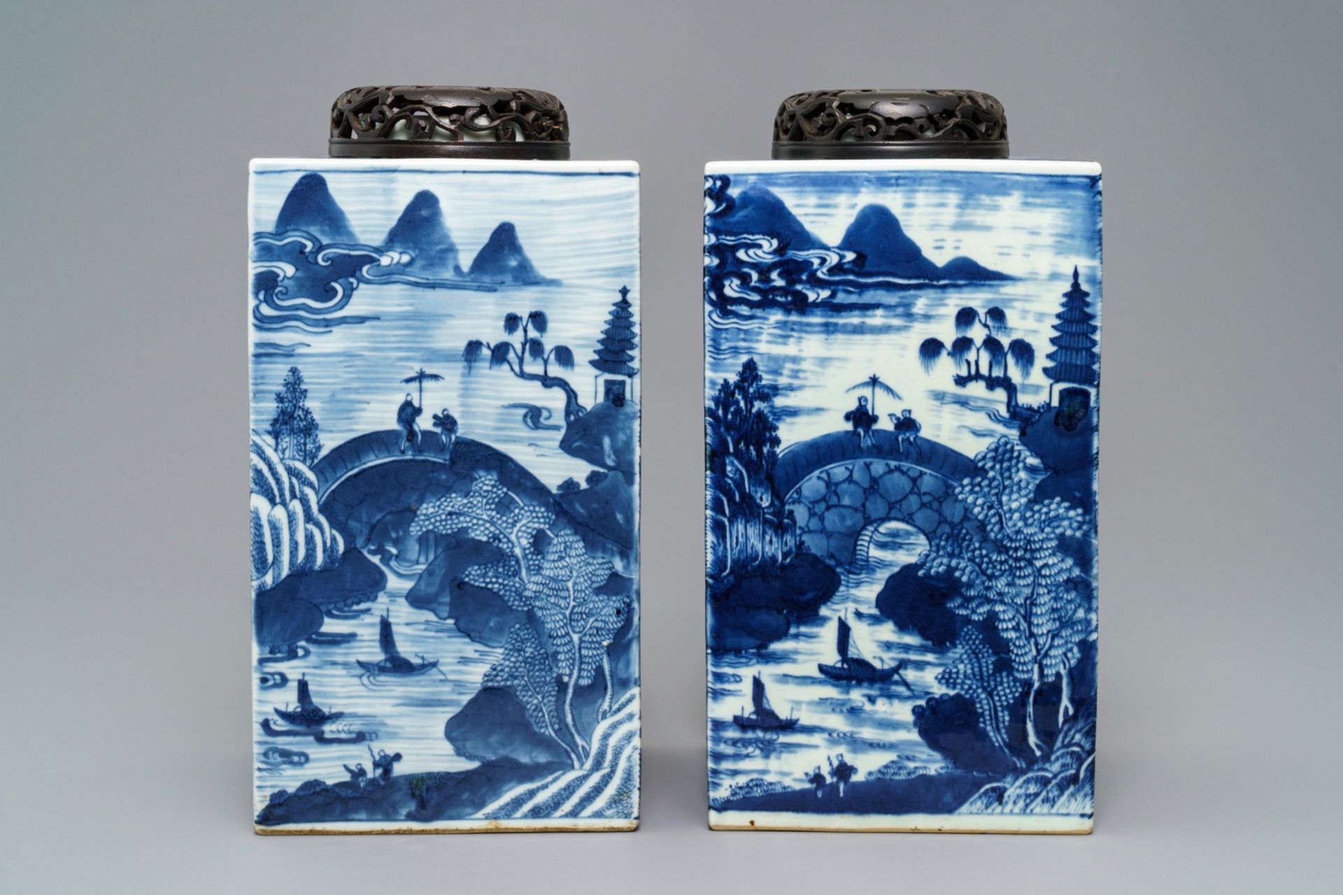 A pair of tall Chinese blue and white tea caddies with landscapes, 19th C. - Image 2 of 8