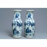 A pair of Chinese blue and white celadon vases with figures, 19th C.