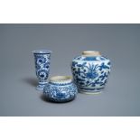 Two Chinese blue and white jars and a beaker, Kangxi/Yongzheng