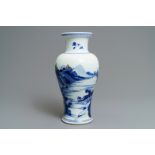 A Chinese blue and white 'river landscape' baluster vase with overglaze accents, Kangxi