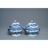 A pair of Chinese blue and white tureens with ladies in a garden, Qianlong