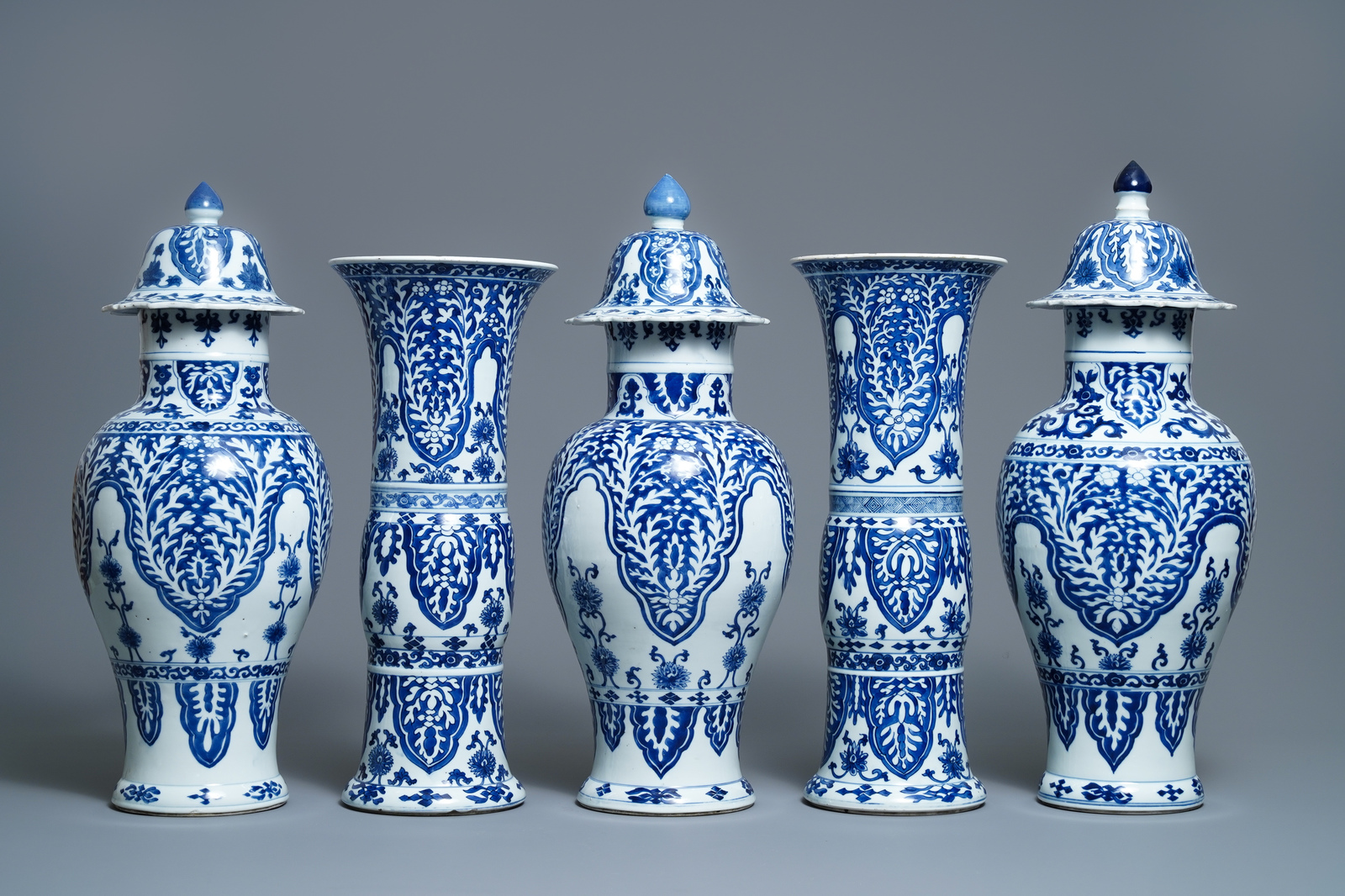 A large Chinese blue and white five-piece garniture with floral design, Kangxi - Image 2 of 10