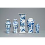 Five Chinese blue and white vases, Kangxi